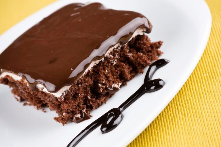 bolo de chocolate de liquidificador: pedaço de bolo de chocolate com cobertura de chocolate em um prato branco.