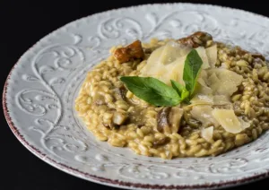 prato com risoto de cogumelos.