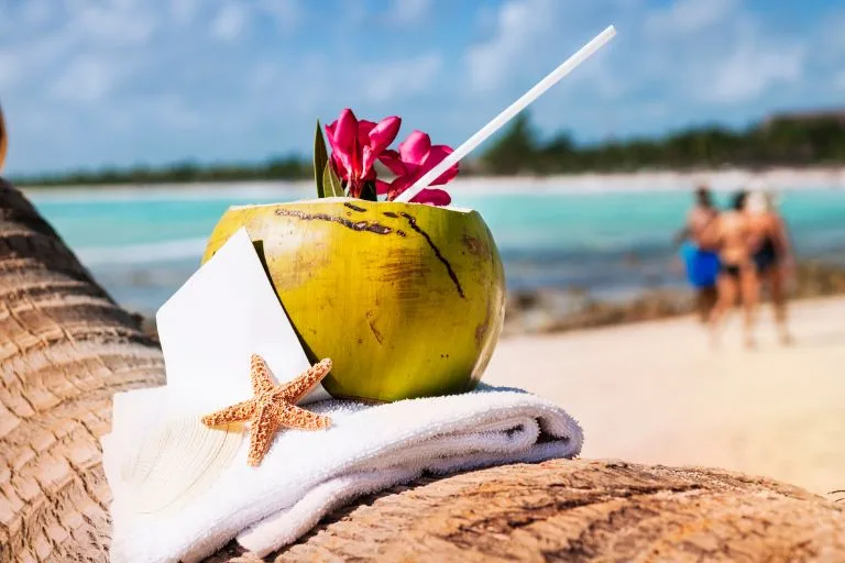 Origem/História da Receita: coco com batida de coco decorado com flores e um canudo na praia.