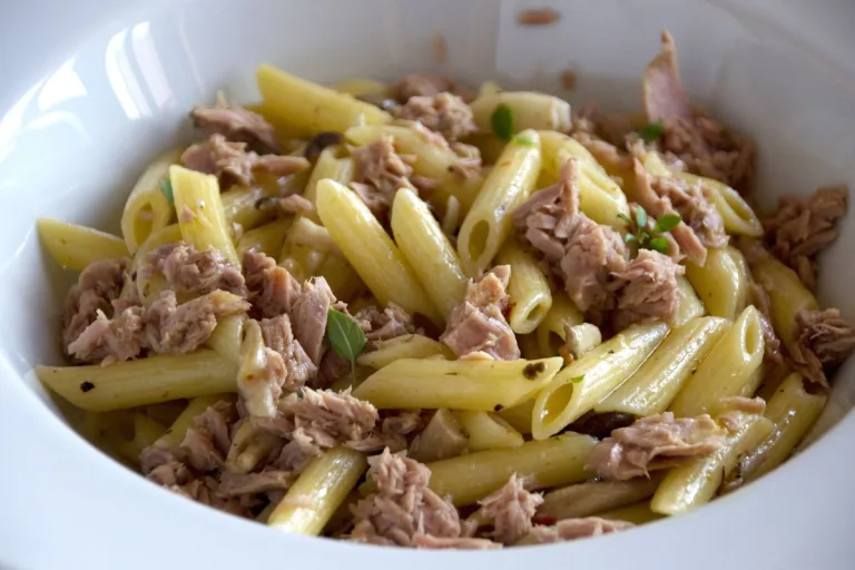 macarrão com atum e milho em uma vasilha.