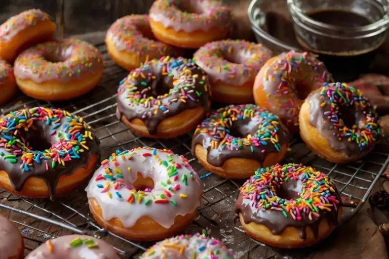 receita de mini cake donuts massa tradicional: vários mini cake donuts com coberturas coloridas e confeitos.