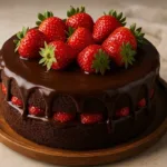 bolo com ganache de chocolate e morangos