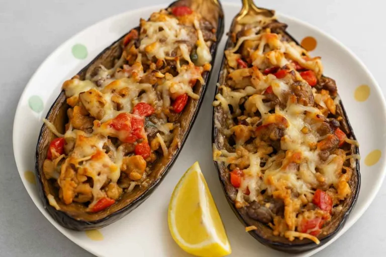 Imagem da Receita de Berinjela Fitness de Forno Recheada com Frango.