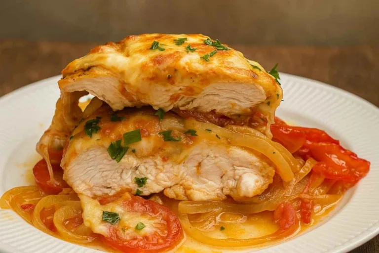 Imagem da Receita de Peito de Frango de Forno: Gratinado com Cebola e Tomate.